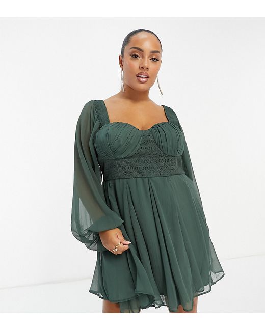 ASOS Curve DESIGN Curve mini dress with corset lace detail and blouson sleeves forest