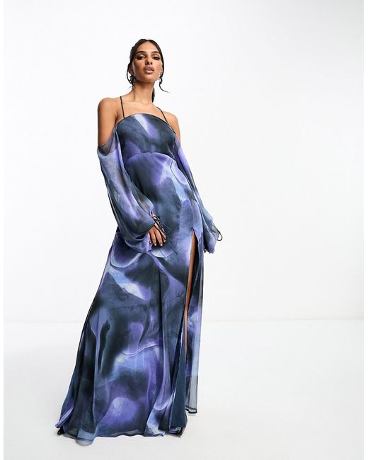 Asos Design halter cold shoulder maxi dress with wave neckline navy blurred print-