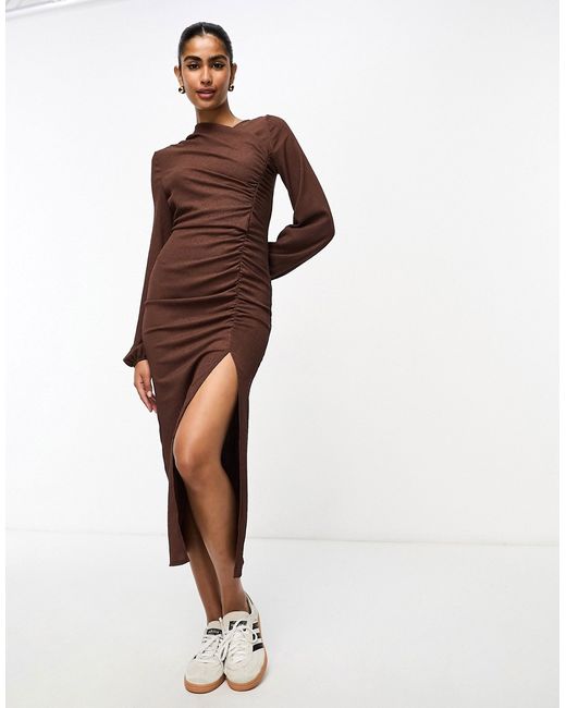 Asos Design textured long sleeve midi dress with asymmetric neck chocolate-