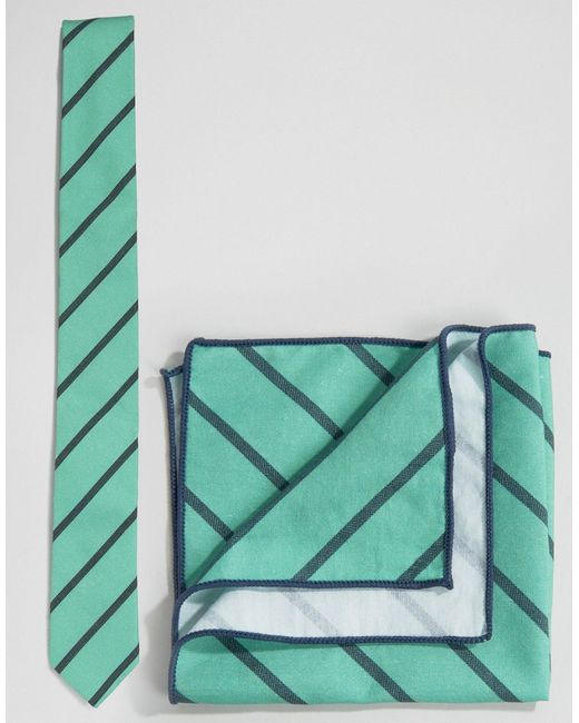 Minimum Tie And Pocket Square Set In Stripe Green