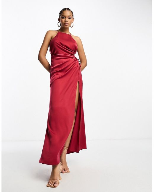 Asos Design satin halterneck maxi dress with ruched cut out waist detail wine-