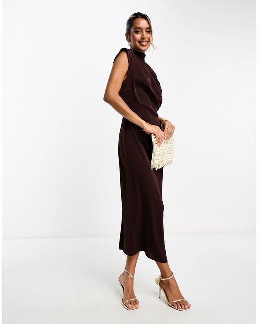 Asos Design high neck sleeveless midi dress with draped chocolate-