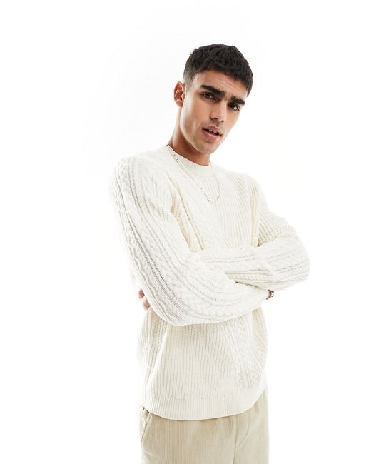 Asos Design knit sweater with spliced cable detailing cream-