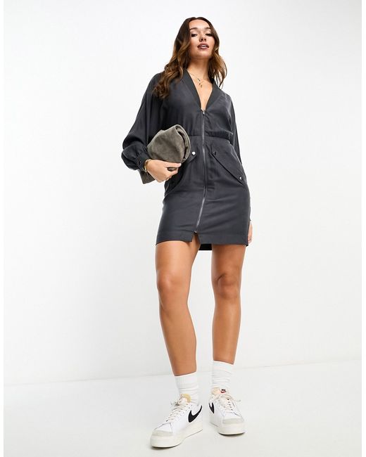 Asos Design zip through mini dress with batwing sleeve charcoal-