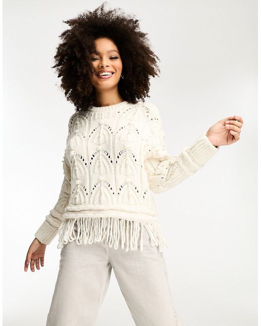River Island cable knit sweater with pearl embellishment cream-
