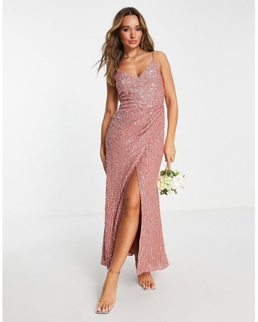 Asos Design Bridesmaid embellished drape side cami maxi dress dusky rose-