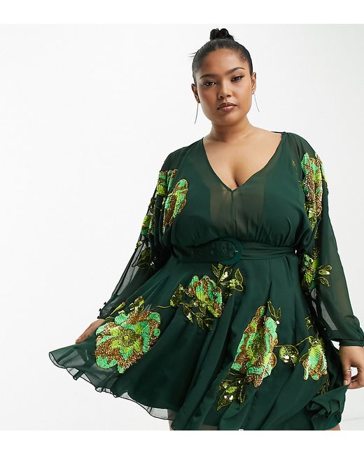 ASOS Curve DESIGN Curve mini dress with floral embellishment and godet skirt belt green-