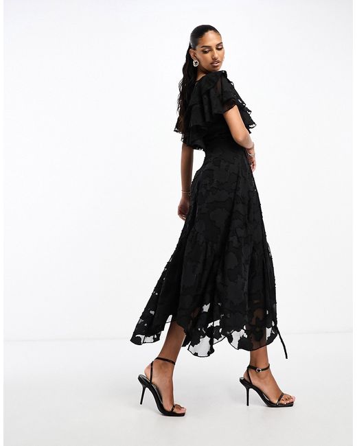 Asos Design v front back ruffle midi dress with flutter sleeve and tie textured jacquard