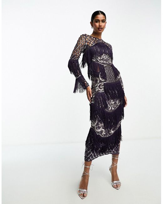 Asos Design embellished lattice detail midi dress with fringing