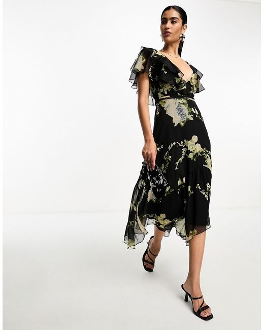 Asos Design v front back ruffle midi dress with flutter sleeve and tie belt patchwork floral print-