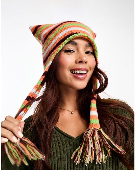 Daisy Street striped knitted hat with tassles