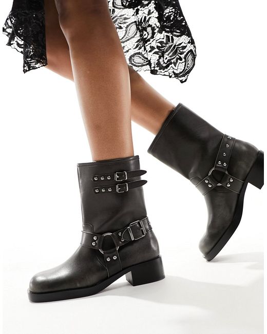 Stradivarius square toe biker boot with buckle washed black-