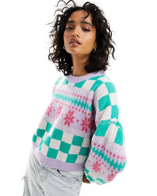 Asos Design Christmas sweater sporty snowflake checkerboard pattern-