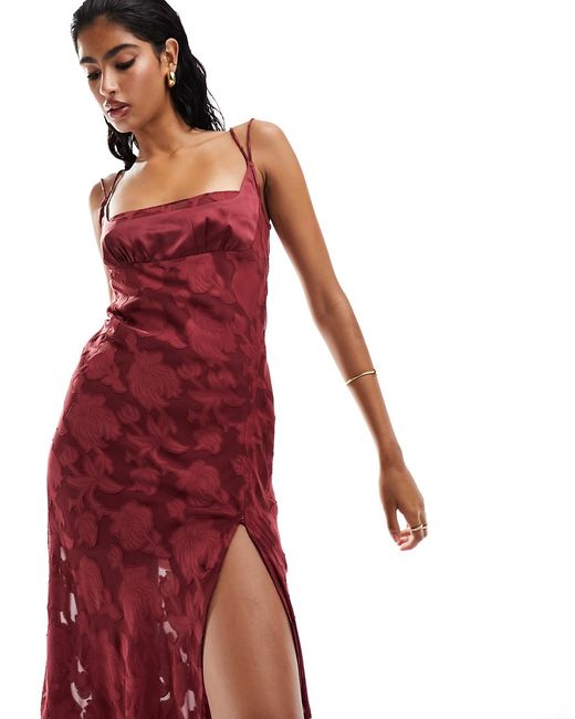 Asos Design jacquard double strap maxi dress with hook and eye slit burgundy-