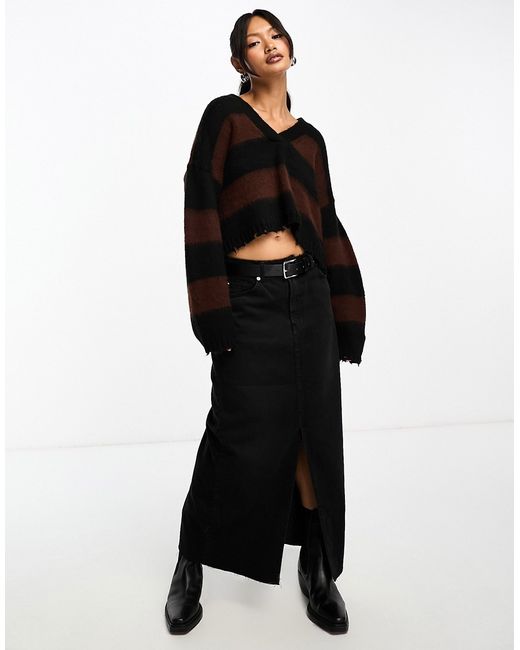 AllSaints Lou crop v neck knitted sweater and brown stripe