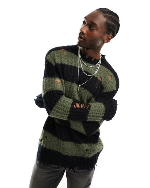 AllSaints Sid crew neck knit distressed sweater and green stripe