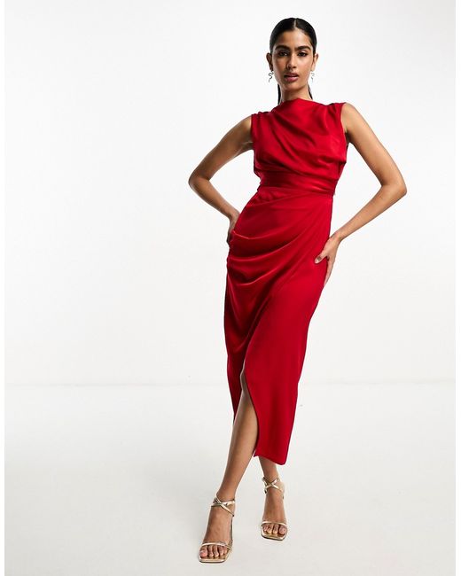 Asos Design satin drape midi dress with wrap skirt red-