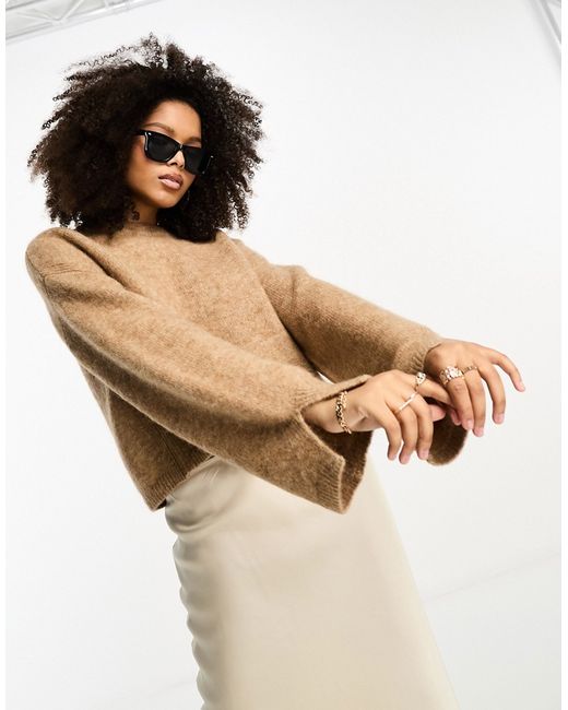 Asos Design crew neck sweater with wide cuff and split alpaca wool blend camel-
