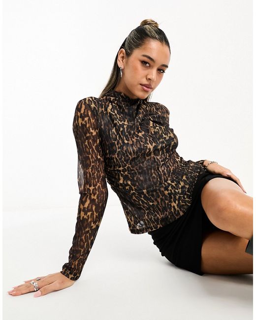 AllSaints Tia Antia mock neck long sleeve mesh top leopard print-