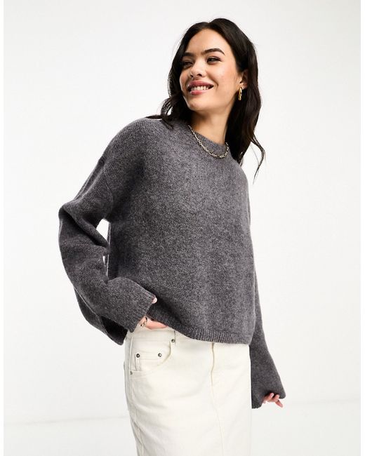 Asos Design crew neck sweater with wide cuff and split alpaca wool blend charcoal-