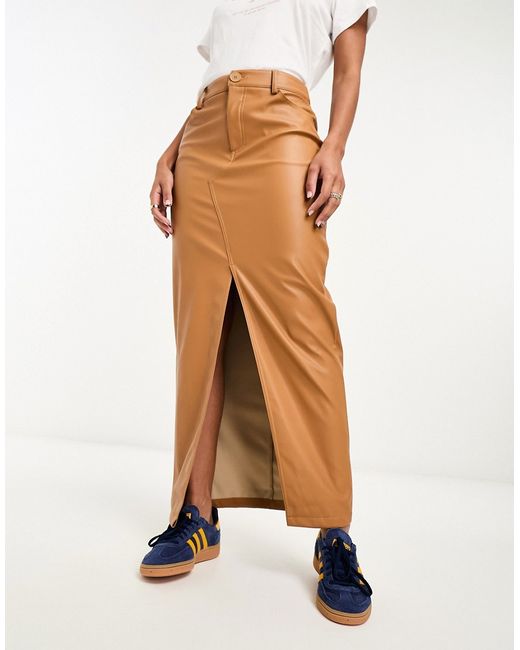 Asos Design faux leather maxi skirt with front split caramel-