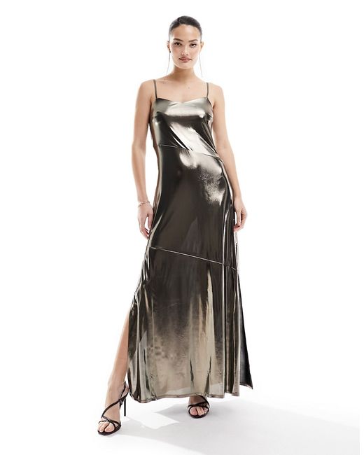 French Connection metallic maxi slip dress with split lame