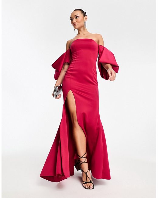 Asos Design off shoulder bodycon premium maxi dress with exaggerated sleeves deep pink-