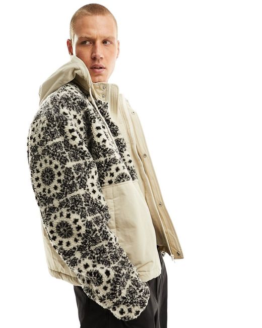 Asos Design borg jacket with ecru paisley print-