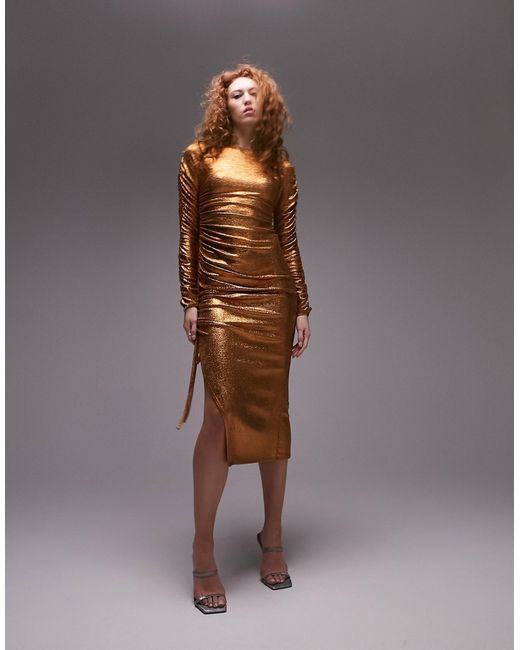 TopShop bronze long sleeve asymmetric maxi dress-