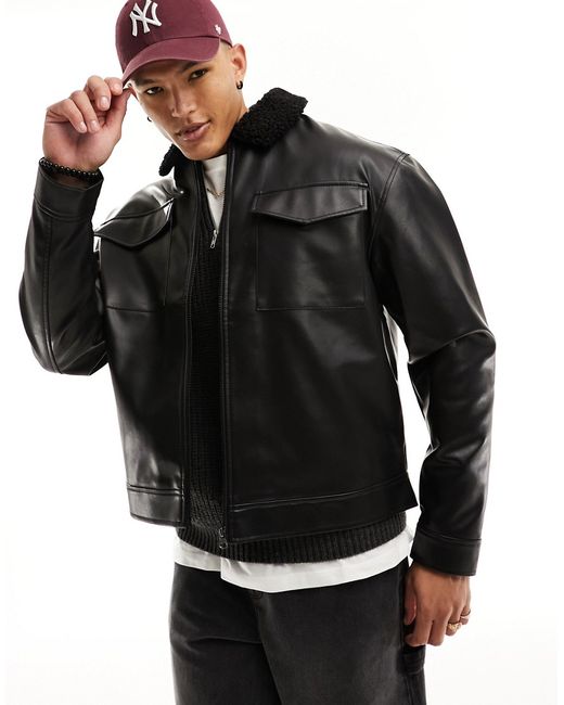 Asos Design oversized faux leather Harrington jacket with borg collar