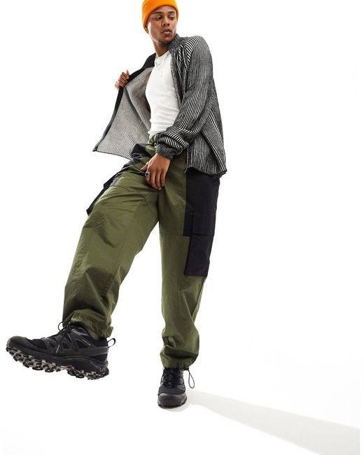 Asos Design baggy cargo pants khaki and black block belt detail nylon-