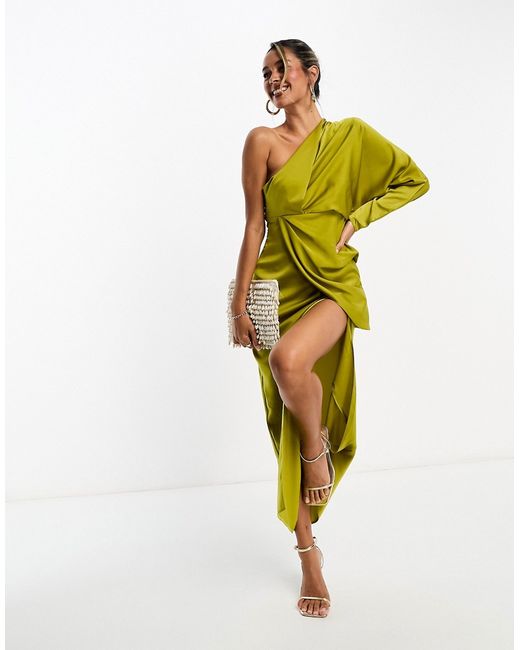Asos Design satin one shoulder drape detail midi dress chartreuse-