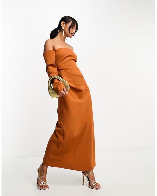 Asos Design bardot ruched sleeve midaxi dress rust-