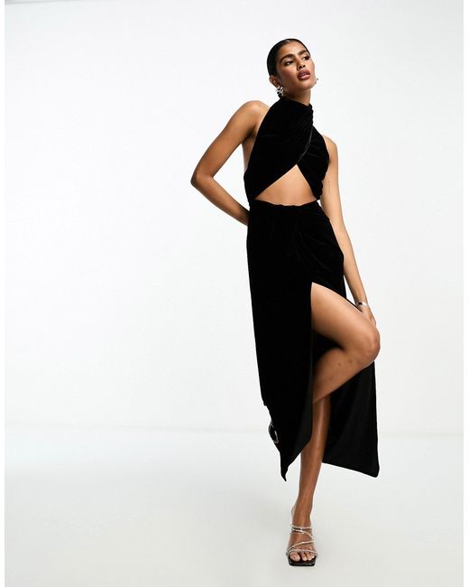 Asos Design velvet halter twist front cut-out maxi dress