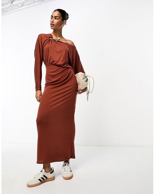 Asos Design fallen shoulder trim dress rust-