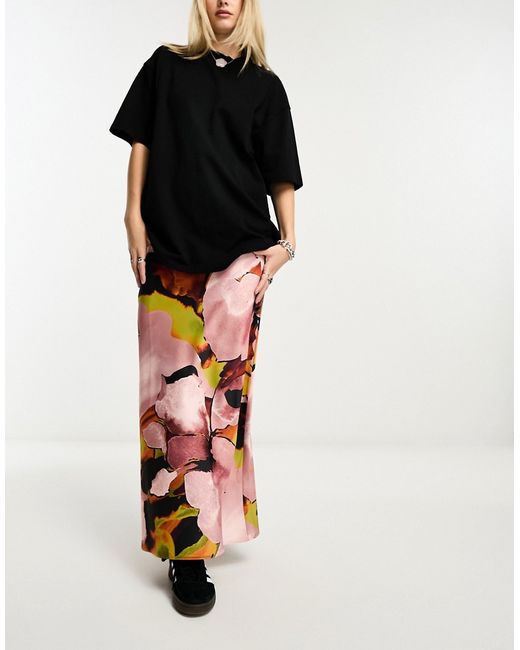 Asos Design satin bias maxi skirt pink graphic abstract print-