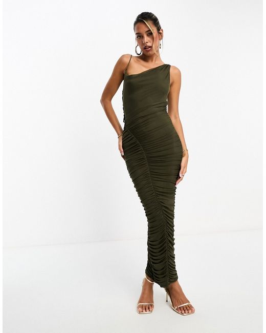 Asos Design asymmetric cowl cami midi dress with diagonally ruched skirt khaki-