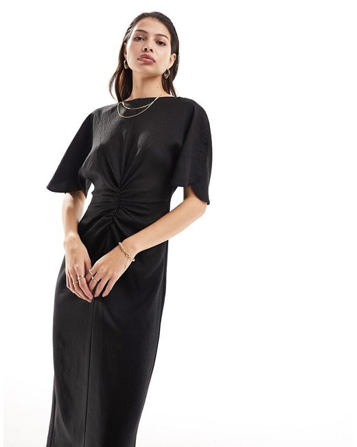 Asos Design flutter sleeve midi dress with ruching detail
