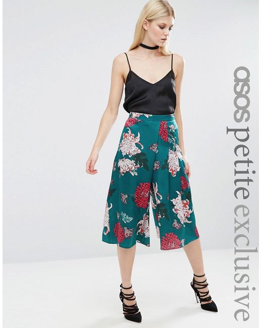 ASOS Petite Satin Cropped Trouser in Japanese Floral Print Teal