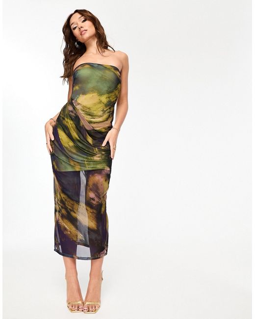 Asos Design bandeau midi dress with drape mesh bodice abstract smudge print-