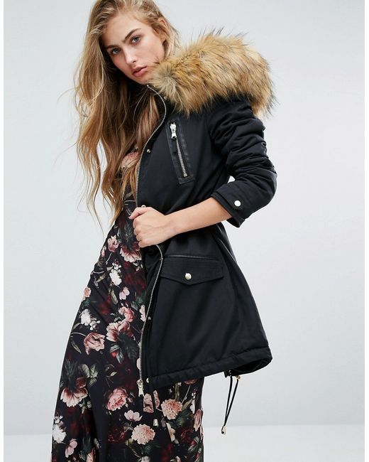 Miss Selfridge Leather Look Detail Parka with Faux Fur