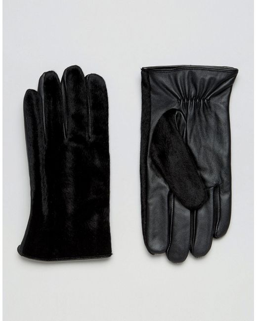 Asos Leather Gloves With Faux Pony Skin In