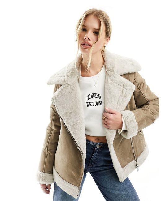 French Connection faux leather aviator jacket taupe-