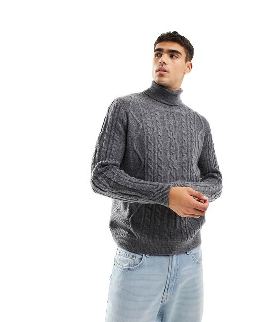 Asos Design heavyweight knit cable turtle neck sweater charcoal-