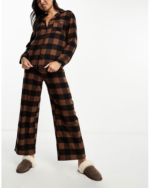 Loungeable brushed cotton long sleeve buttoned pajama pants set checked chocolate