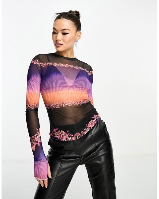 Afrm kaylee long sleeve mesh top with floral and zebra print-