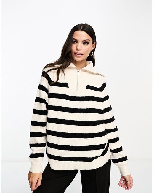 Miss Selfridge stripe knit half zip sweater cream stripe-