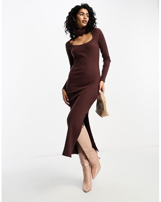 Asos Design super-soft rib long sleeve fitted midi dress with choker detail chocolate-