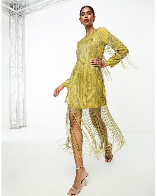 Asos Design embellished fringe beaded mini dress with hem olive