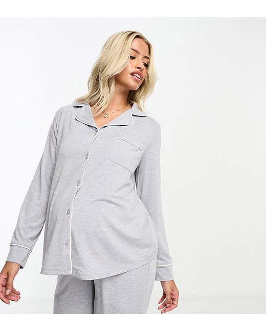 ASOS Maternity DESIGN Maternity soft jersey long sleeve shirt pants pajama set with contrast piping heather